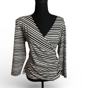 MSK Black White Stripe Wrap Top M Beaded Tassel Hem Full Subtle Sequin Glam